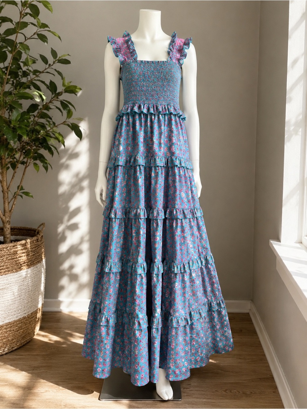 Sohana Mia Maxi Dress L Turquoise Pink Floral Smocked Boho Resort Tiered Ruffle